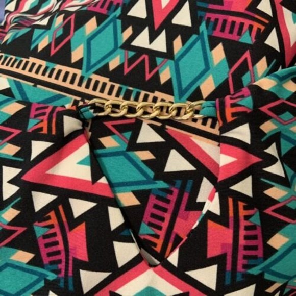 Haani Dress Womens Size XL Geometric Bell Sleeves Below Knee Chain Neck Colorful - Picture 4 of 6